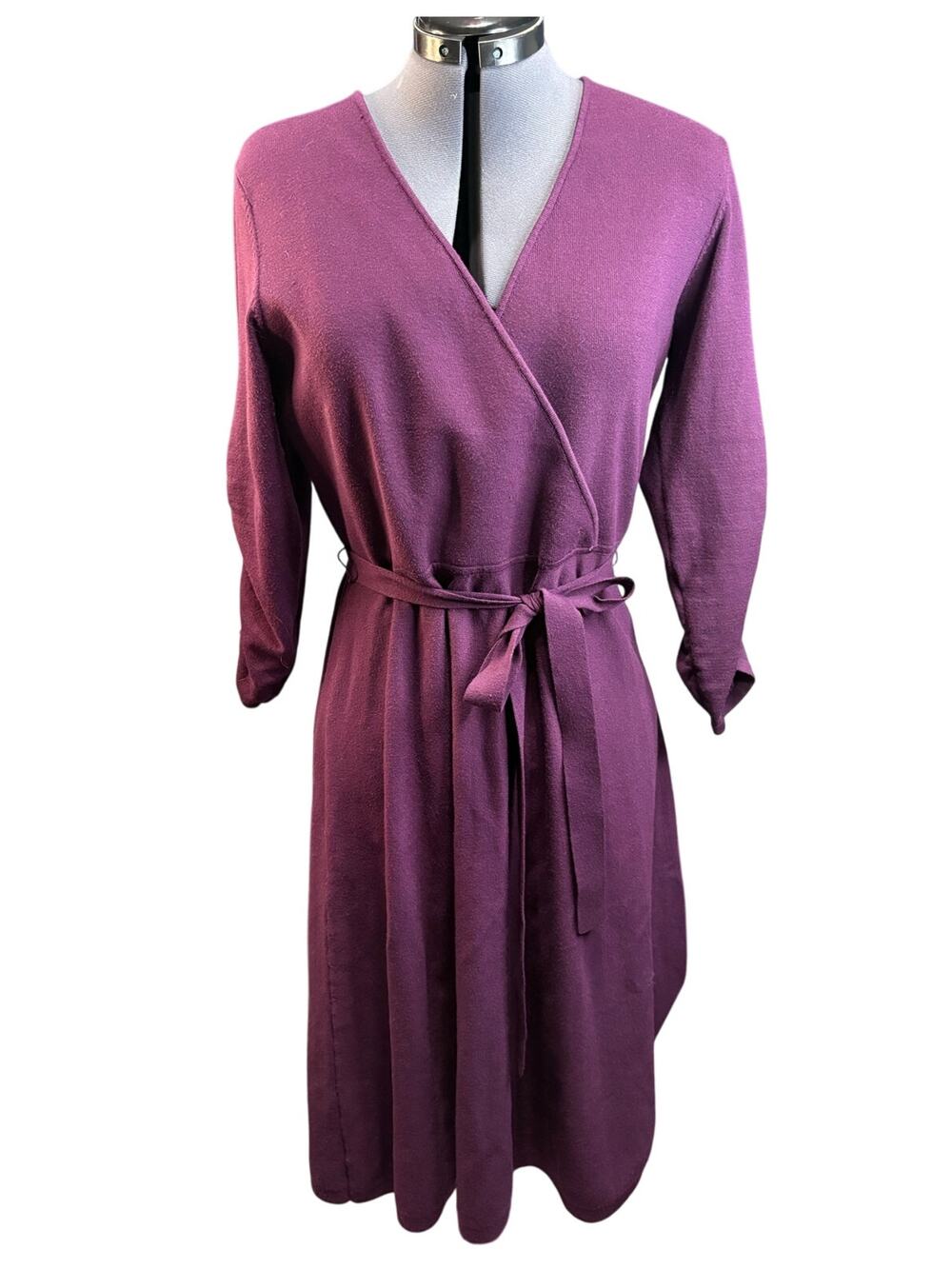 Eliza J Purple Aubergine Faux knit wrap dress ruched sleeves Size XL